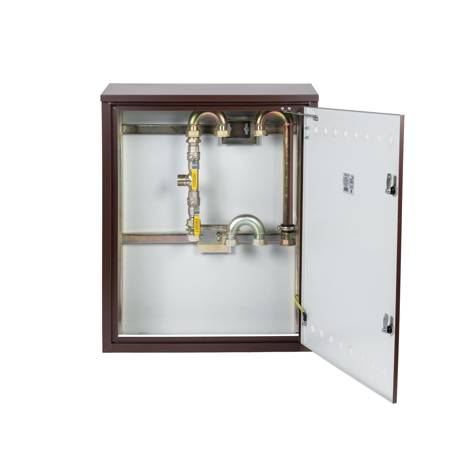 Gas pressure reducing and measuring point (MRS) for 2 vertically installed gas meters, metal cabinet, brown 700x850x250