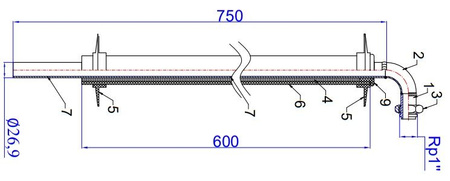 Gas entry pipe DN20 x half union with loose nut 1" L750