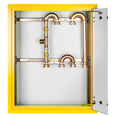 Station de comptage et de regulation de gaz (MRS) pour 2 compteurs de gaz verticaux, armoire en metal, jaune 700x850x250