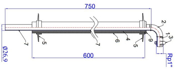 أنبوب دخول الغاز DN20 x نصف اتحاد مع صامولة فارغة 1 بوصة L750