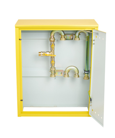 Gas pressure reducing and measuring point (MRS) for 2 vertically installed gas meters, metal cabinet, yellow 700x850x250